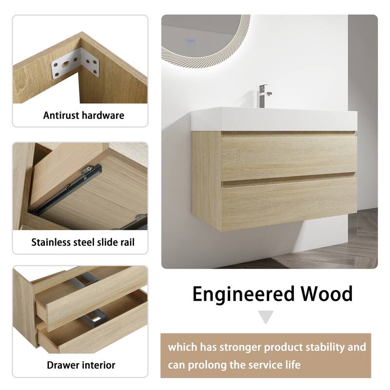 24/30/36 Single Sink Wall-Mounted Bathroom Vanity with Integrated Thick Edge Resin Sink