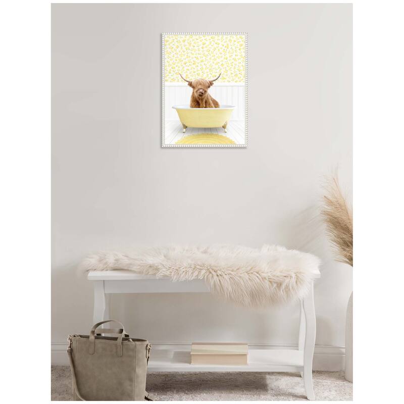 Kate and Laurel Sylvie Highland Cow in Cottage Yellow Bathtub Framed Canvas by Amy Peterson