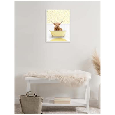 Kate and Laurel Sylvie Highland Cow in Cottage Yellow Bathtub Framed Canvas by Amy Peterson