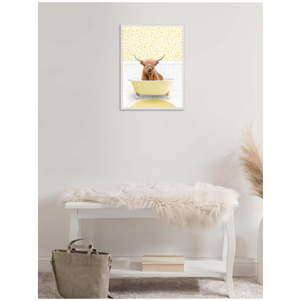 Kate and Laurel Sylvie Highland Cow in Cottage Yellow Bathtub Framed Canvas by Amy Peterson