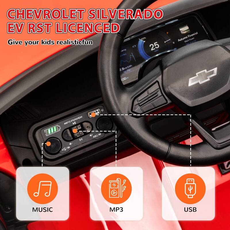 Licensed Qaba Chevrolet Silverado EV RST 12V Ride-On Car, Parent Remote, Soft Start, Music, 3 Speeds, Black