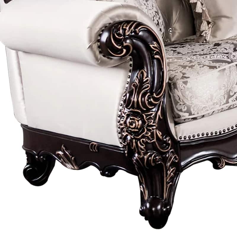 Puhi Loveseat w Accent Pillows, Beige Fabric, Ornate Carved Wood, 70 Inch