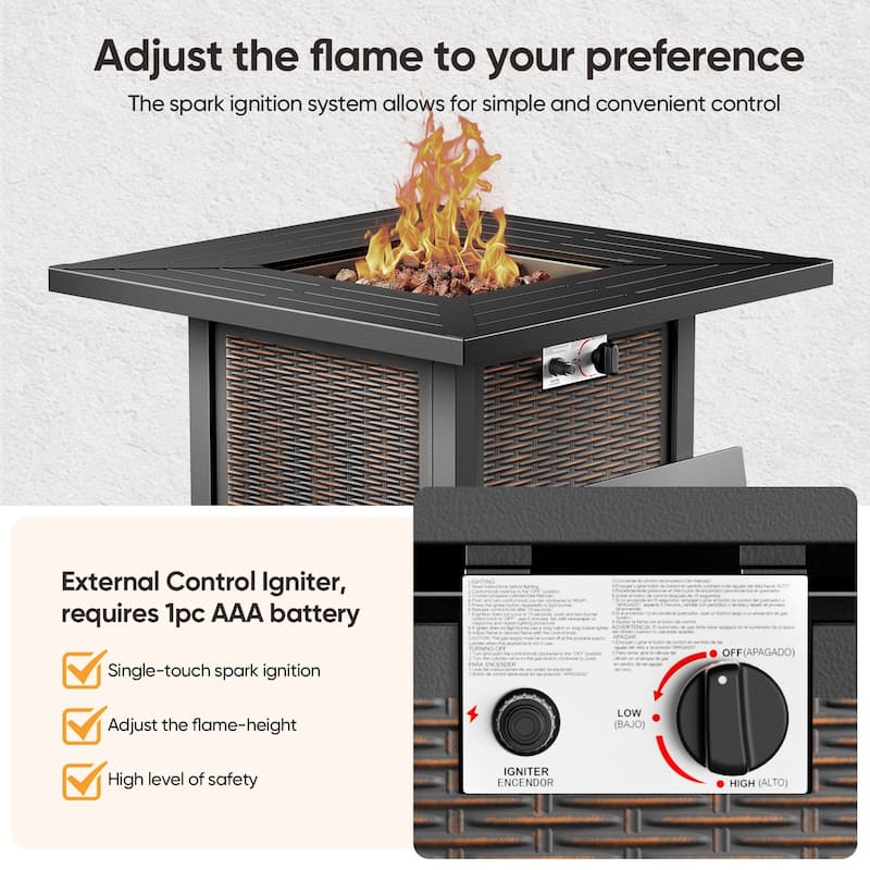 Outdoor Propane Fire Pit Table - 55000 BTU, Adjustable Flames - Square