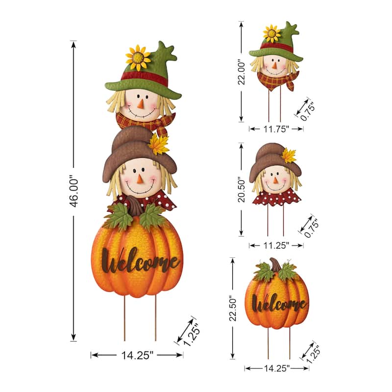 Glitzhome 46"H Fall Metal Stacked Scarecrow & Pumpkin Yard Stake for Thanksgiving Decor