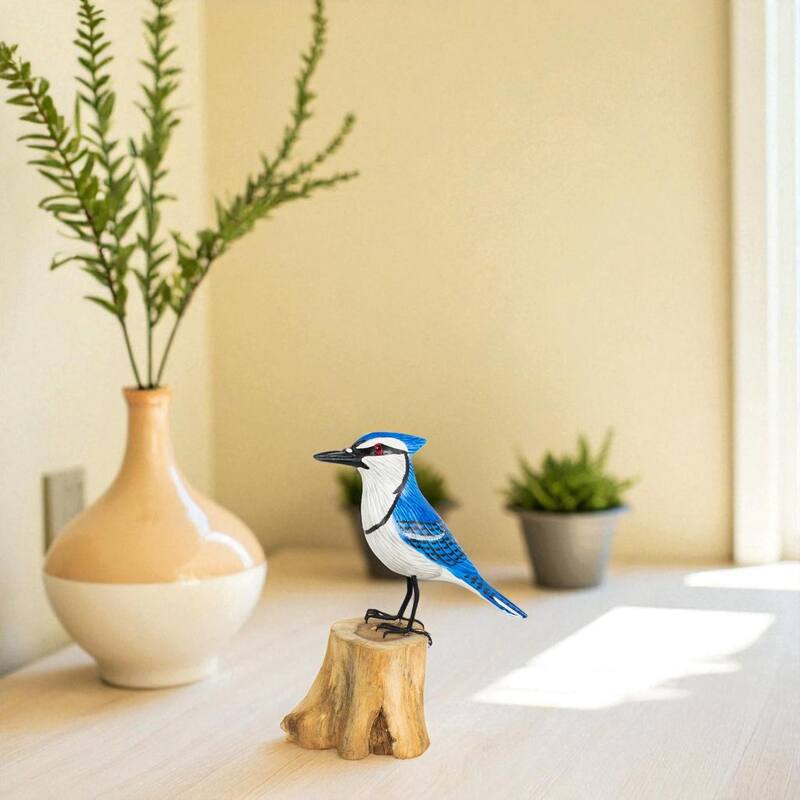 Wood Blue Jay Figurine - Hand Carved Songbird Sculpture, Nature Inspired Bird Decor - 7.5" tall x 5" wide x 3" deep