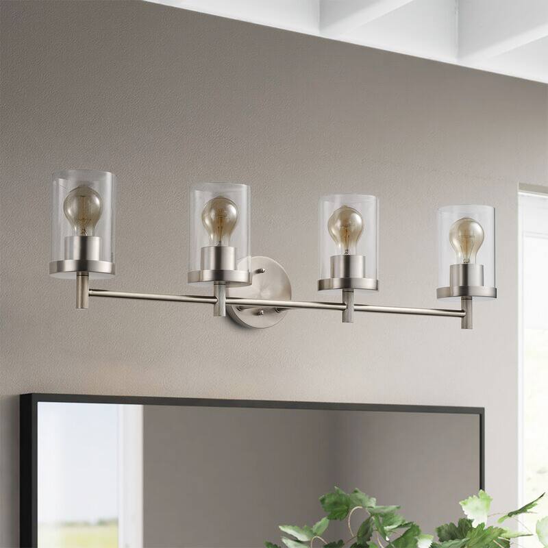 4-Lights Clear Glass Shade Electroplated Matte Nickel Bathroom Vanity Lighting - 31.8"D×4.7"W×8.5"H - Chrome - 31.8"D×4.7"W×8.5"H