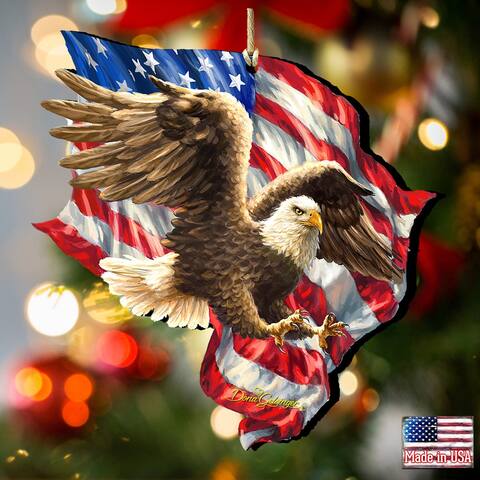 Set of 2 American Independence Eagle Wooden Ornaments 5.5"