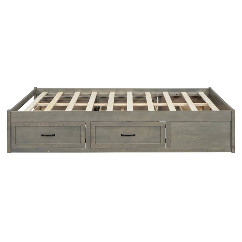 Queen Size Platform Bed Frame with 6 Built-In Storage Drawers, No Headboard, Low Profile Design in Antique