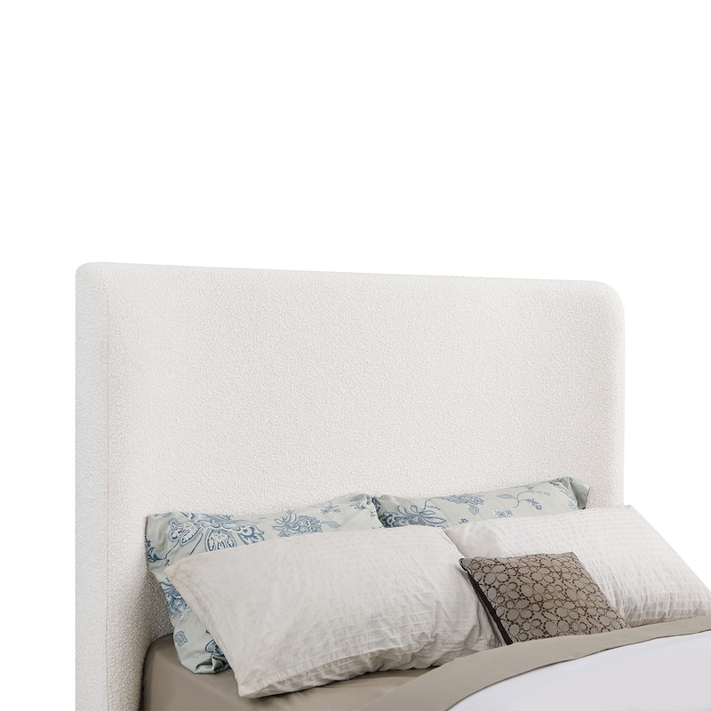 Upholstered Sleigh Bed with Wood Finish Trim in Cream