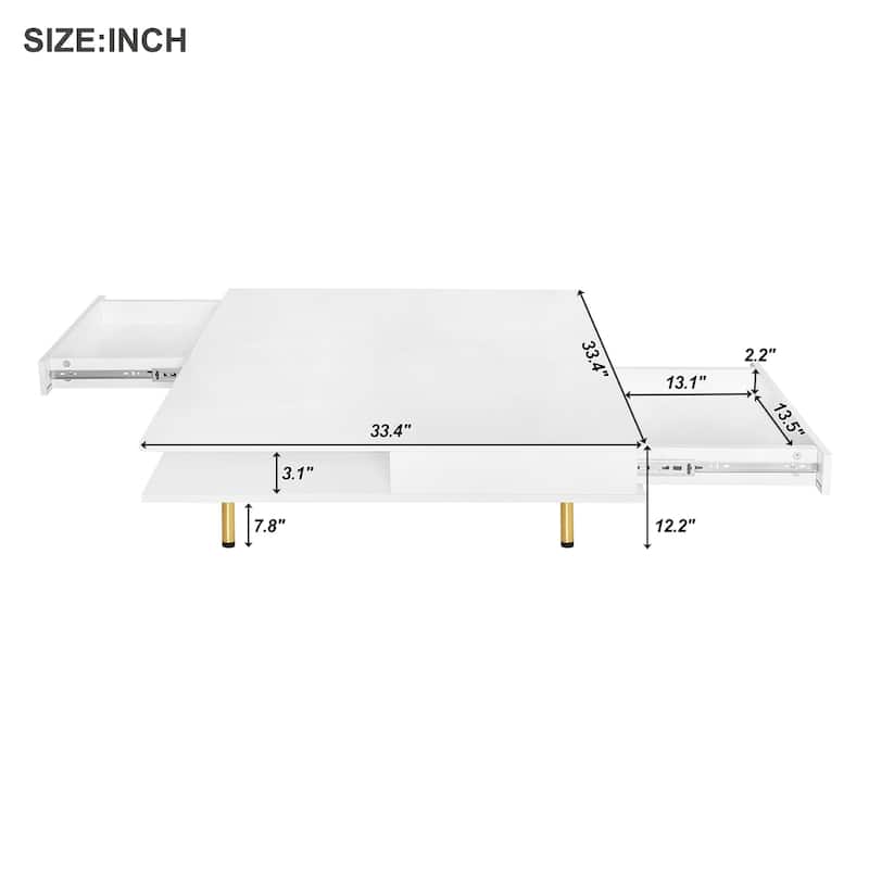 2-Tier Square Coffee Table with 2 Drawers, 4 Golden Legs, High Gloss Coffee Table Center Table w/ Storage for Living Room