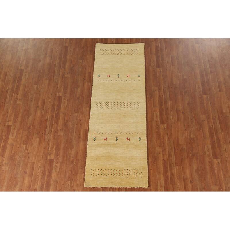 Tribal Gabbeh Oriental Runner Rug Handmade Green / Yellow Wool Carpet - 2'9"x 7'11"