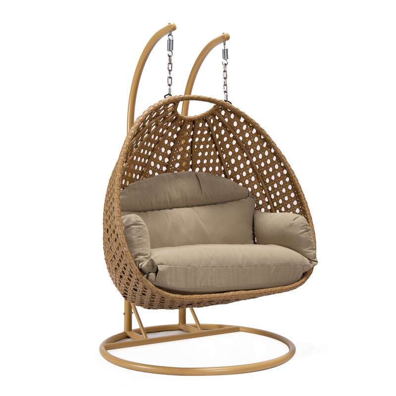 LeisureMod Mendoza 2-Person Hanging Egg Swing Chair - Handcrafted Light Brown Wicker, Patio Hammock Lounger with Cushions - 53" - Taupe
