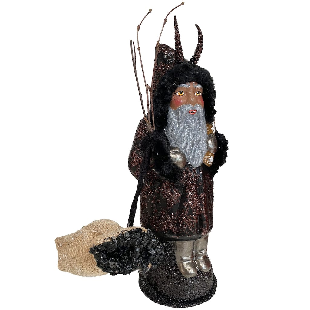 10.5" paper mache krampus with a bag of coal christmas candy container