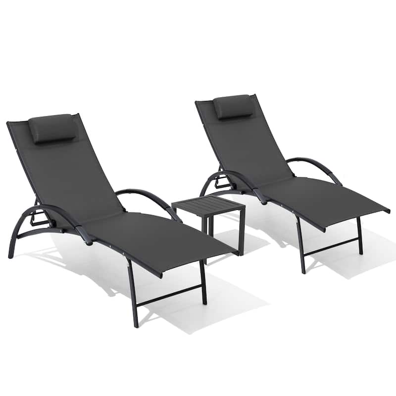 3-piece Outdoor Adjustable Aluminum Reclining Chaise Lounge Chairs with Wheels and Side Table Set