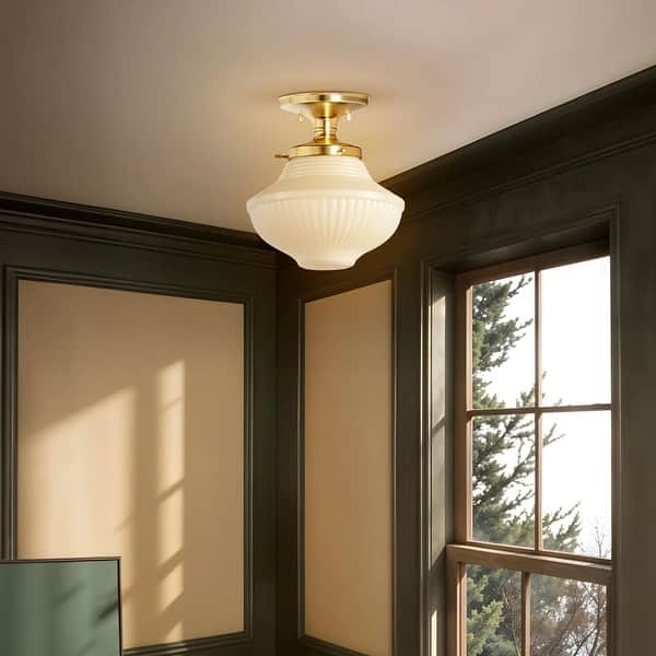 slide 2 of 8, Modern Semi-Flush Mount - Metal, Glass Gold, Ivory White 1-Light Ceiling Light for Kitchen or Hallway in Modern, Farmhouse Style
