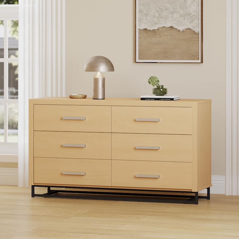 Roomfitters 6-Drawer Modern Wood Storage Dresser with Metal Base, Wide Chest of Drawers for Bedroom or Living Room - Natural