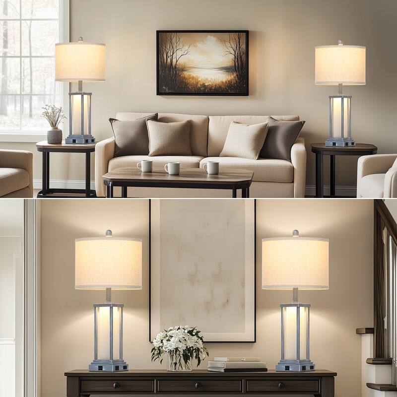 27" Grey Industrial Table Lamps with USB-C Charging, Dual Lighting(Set of 2) - 12.5'' x 12.5'' x 27''