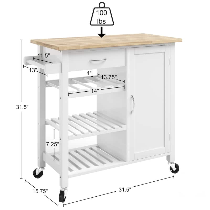 Rolling Kitchen Cart with Towel Rack and Shelves for Storage, White