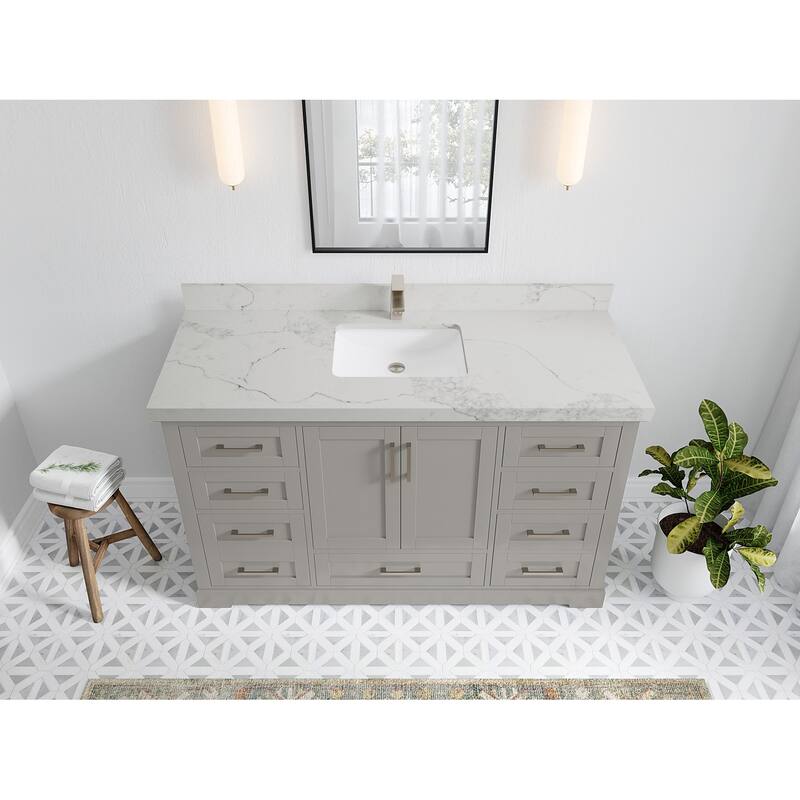 Willow Collection 60 in W x 22 in D x 36 in H Boston Single Bowl Sink Bathroom Vanity with Countertop - 2"Calacatta Nuvo - Elephant Skin Gray