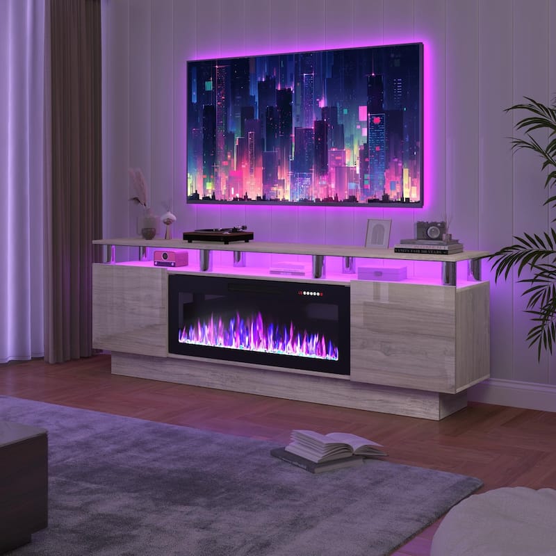 BOSSIN 70" Modern Electric Fireplace TV Stand, with Electronic Flame and LED Lights, High Gloss Finish Entertainment Center