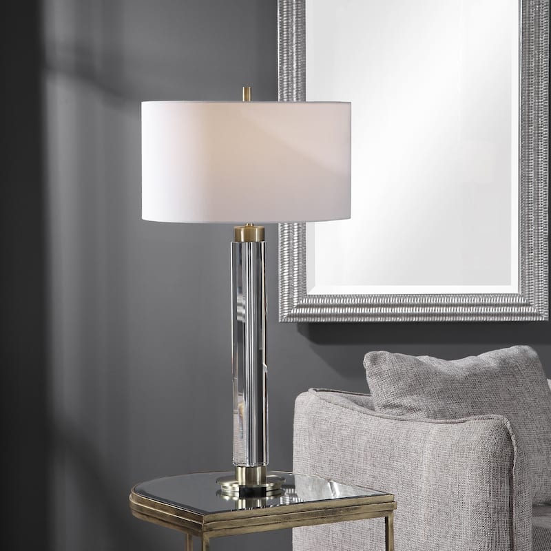 Cut Crystal Table Lamp with White Drum Shade - 32.5" - Stainless Steel