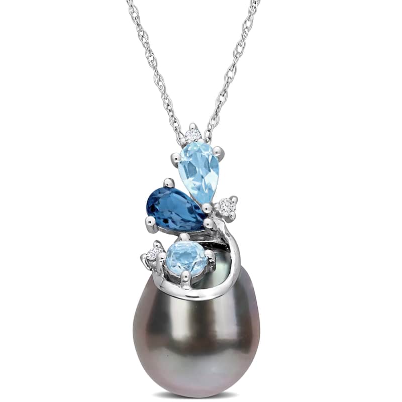 Miadora 9-10mm Black Tahitian Cultured Pearl 5/8 ct TGW Blue Topaz London and Blue Topaz Sky with Diamond Accent 14k White Gold