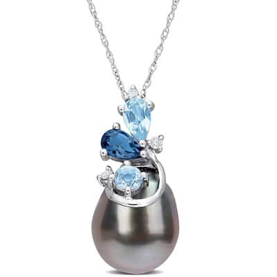 Miadora 9-10mm Black Tahitian Cultured Pearl 5/8 ct TGW Blue Topaz London and Blue Topaz Sky with Diamond Accent 14k White Gold