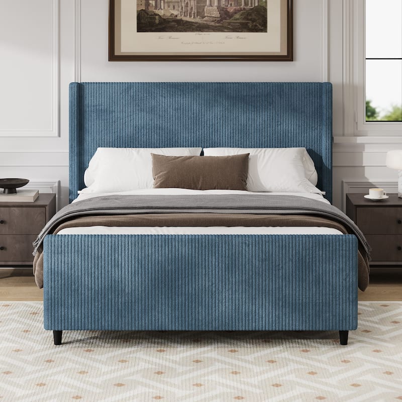 Queen Size Corduroy Upholstered Platform Bed with Vertical Stripe Wingback and High Footboard