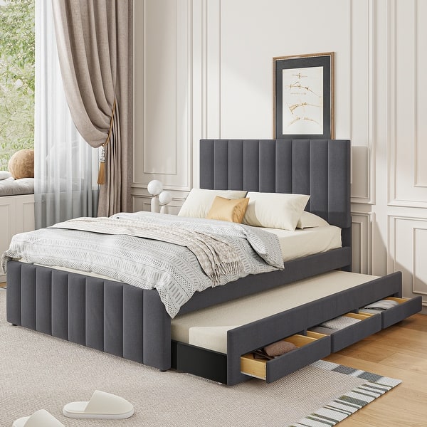 slide 2 of 18, Full Size Upholstered Platform Bed with Twin Size Trundle and 3 Drawers, Linen Fabric, Gray Grey
