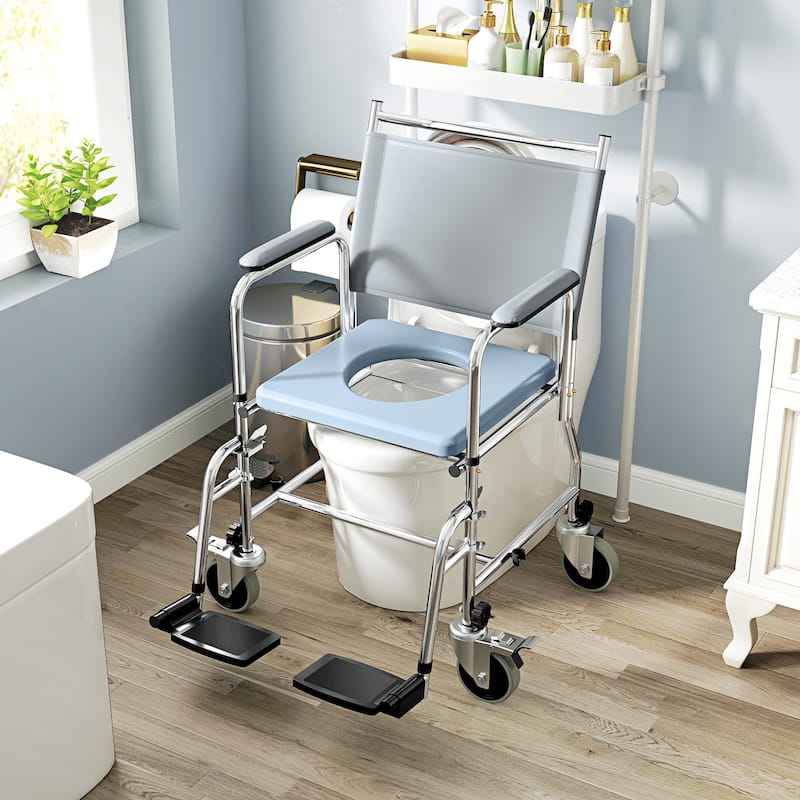 HOMCOM Rolling Shower Chair with Wheels, Bedside Commode Wheelchair with Padded Seat, Backrest, for Handicap