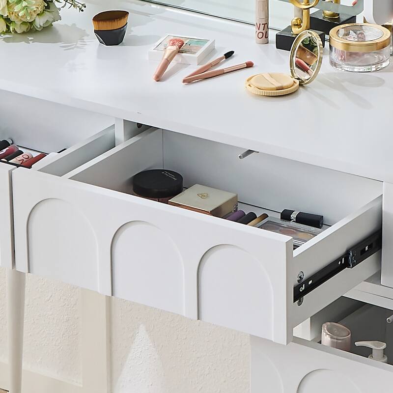 Modern Makeup Vanity Desk with LED Lights & Mirror, Extendable Dressing Table Set with Stool, 4 Drawer & Side Cabinet
