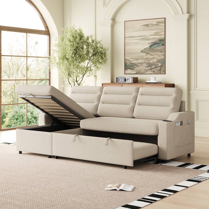 83.5" Convertible Sleeper Sofa - Polyester Sectional Sofa Bed with Pullout Bed and Cup Holder