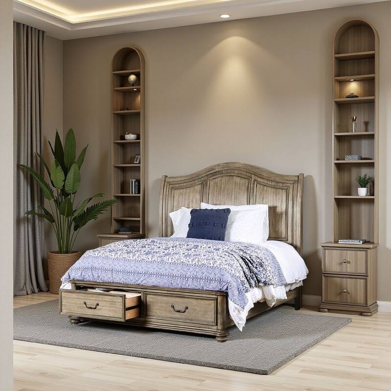 Queen Size Wooden Bed with 2 Drawers and Panel Headboard, Natural Brown