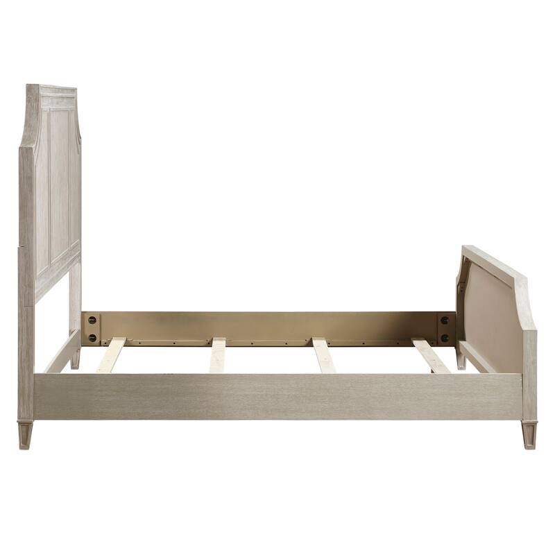 Queen Size Oak Panel Bed with Curved Traditional Headboard and Wire-Brushed Finish