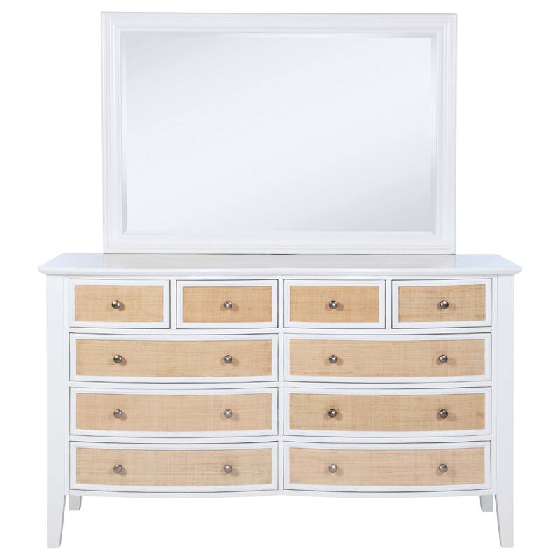 Heo Wide Dresser with Mirror, 10 Drawers, White, Brown Wood Frame