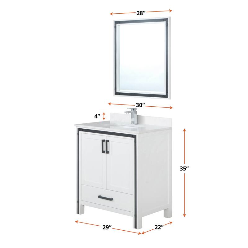 Ziva 30 in W x 22 in D White Bath Vanity, White Quartz Top, Faucet Set and 28 in Mirror