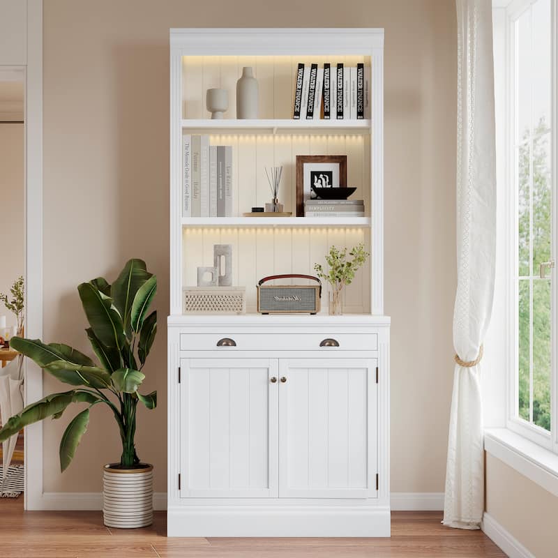 Merax LED-Lit Modern Tall Bookcase with Adjustable Shelves, Drawer & Cabinet