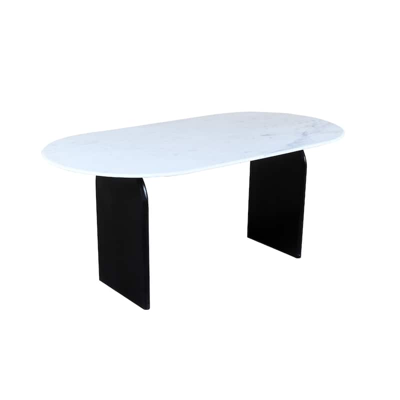 HomeRoots 72" White and Black Marble And Solid Wood Sled Base Oval Dining Table - 72 in. x 30 in. x 36 in.