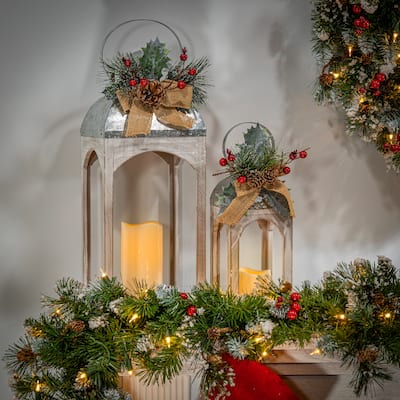 Set of 2 Christmas Holiday Lantern with Floral Accents
