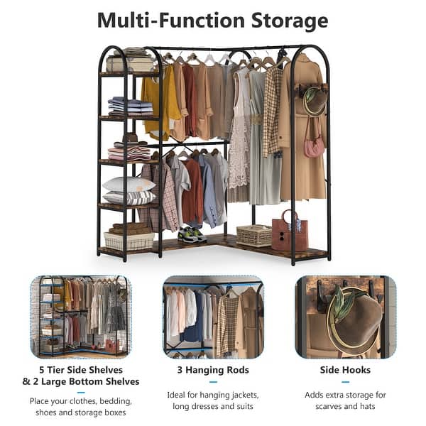 Industrial L Shaped Closet Organizer, Freestanding Corner Clothes Garment Rack with Hanging Rods and Storage Shelves - Rustic Brown