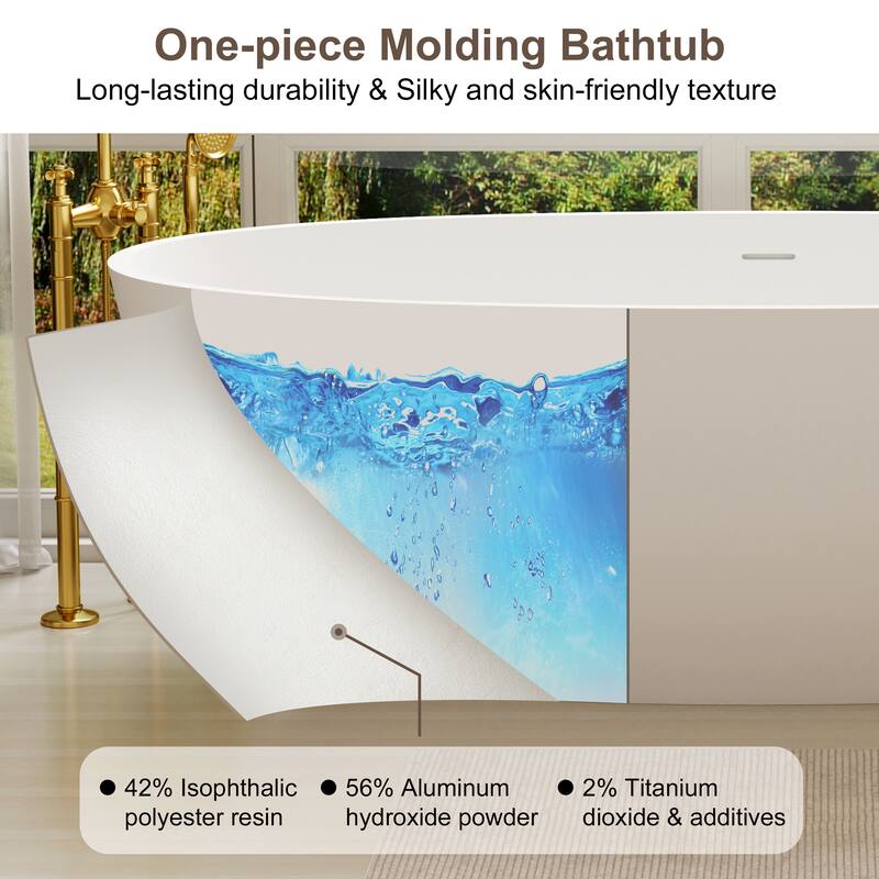 71 in. Freestanding Solid Surface Bathtub in Matte White, Luxury Deep Soaking Tub with Center Drain