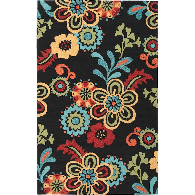 The Curated Nomad Acacia Hand-hooked Bold Daisies Caviar Indoor/ Outdoor Floral Area Rug - 5' x 7'6"/Surplus