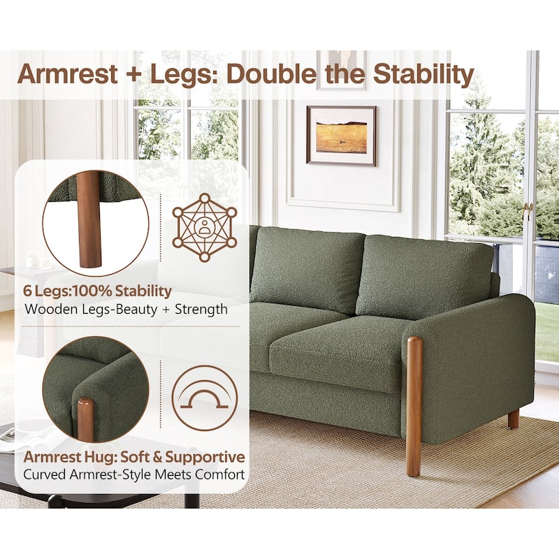 83.86 Inch 3-Seater Sofa with Curved Armrests, Teddy Velvet Upholstery, Solid Wood Legs, High Weight Capacity