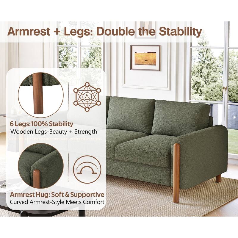 Teddy Velvet Fabric 3 Seater Sofa, Upholstered Sofa with Curved Armrest, Lounge Sofa Chair with Solid Wood Legs