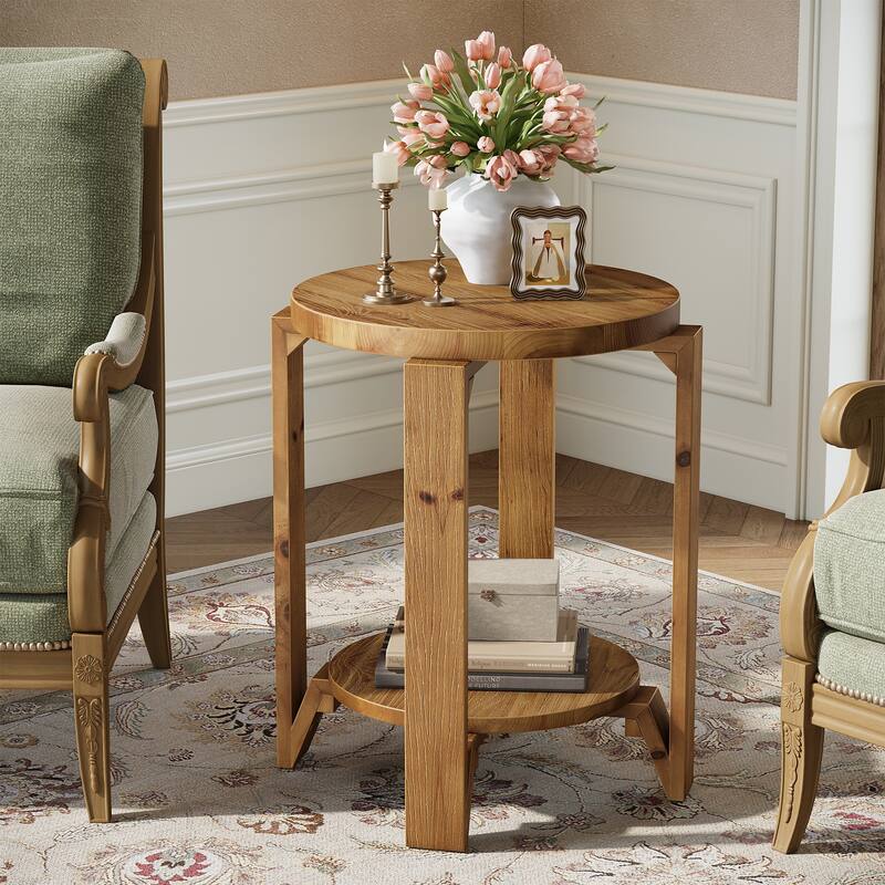Round End Table with Storage Shelf, 2 Tier Solid Wood Side Table for Living Room - 1-Piece
