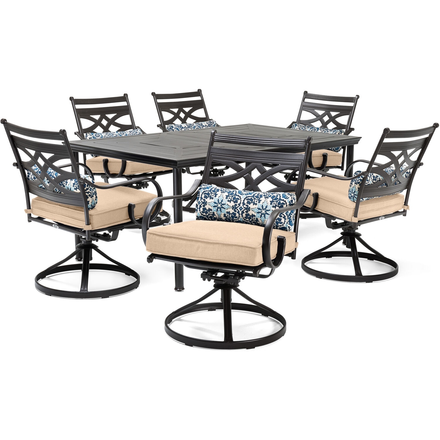 Hanover Montclair 7-Piece Dining Set in Tan with 6 Swivel Rockers and a 40" x 67" Dining Table