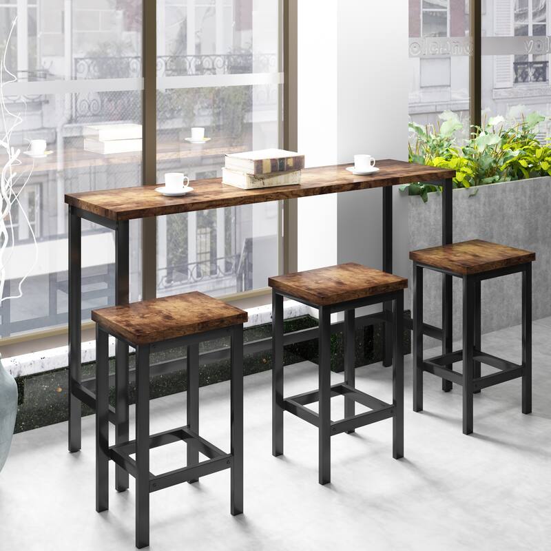Charming Bar Table and Chair Set, Coffee Table with Steel Frame, Backless Dining Chairs with Footrests