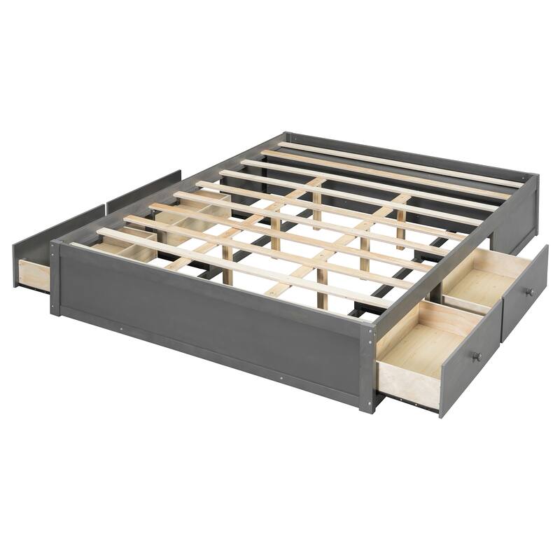 Queen Size Platform Bed Open Frame with Footboard Storage and 4 Drawers