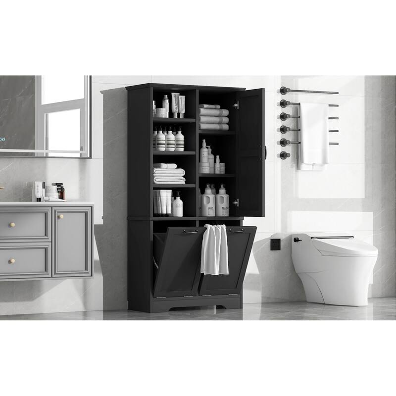 Roomfitters 68" Tall Bathroom Storage Cabinet with Dual Tilt-Out Laundry Hampers