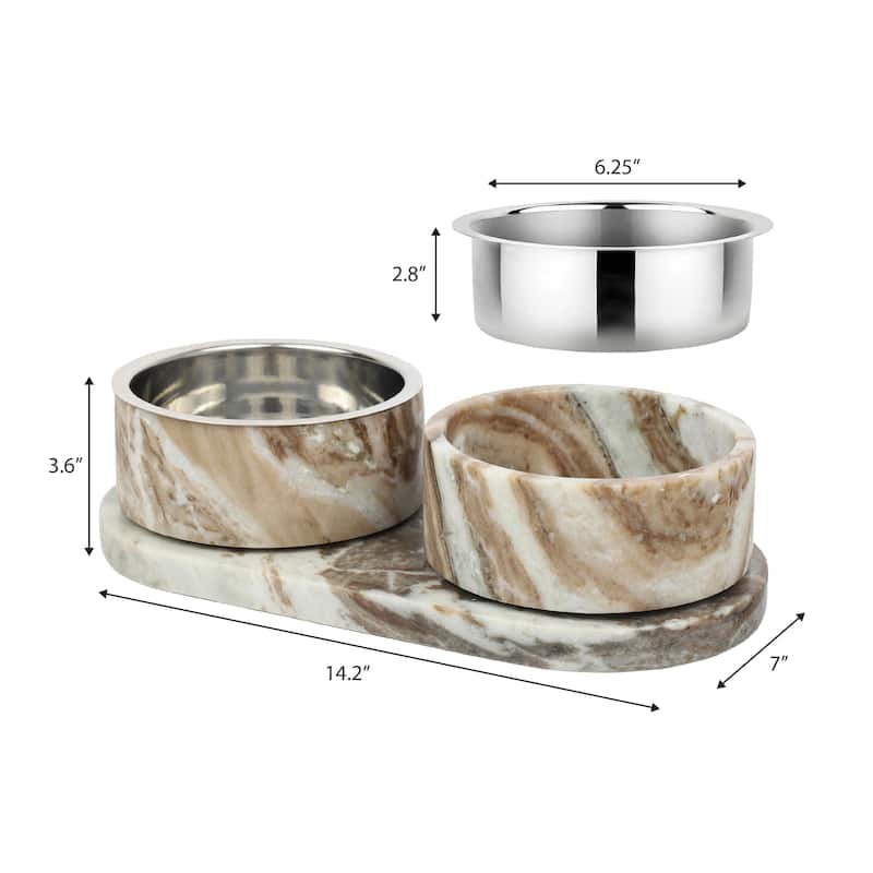 Marbre 12oz Double Pet Bowl Set - Marble & Stainless Steel with Non-Slip Tray